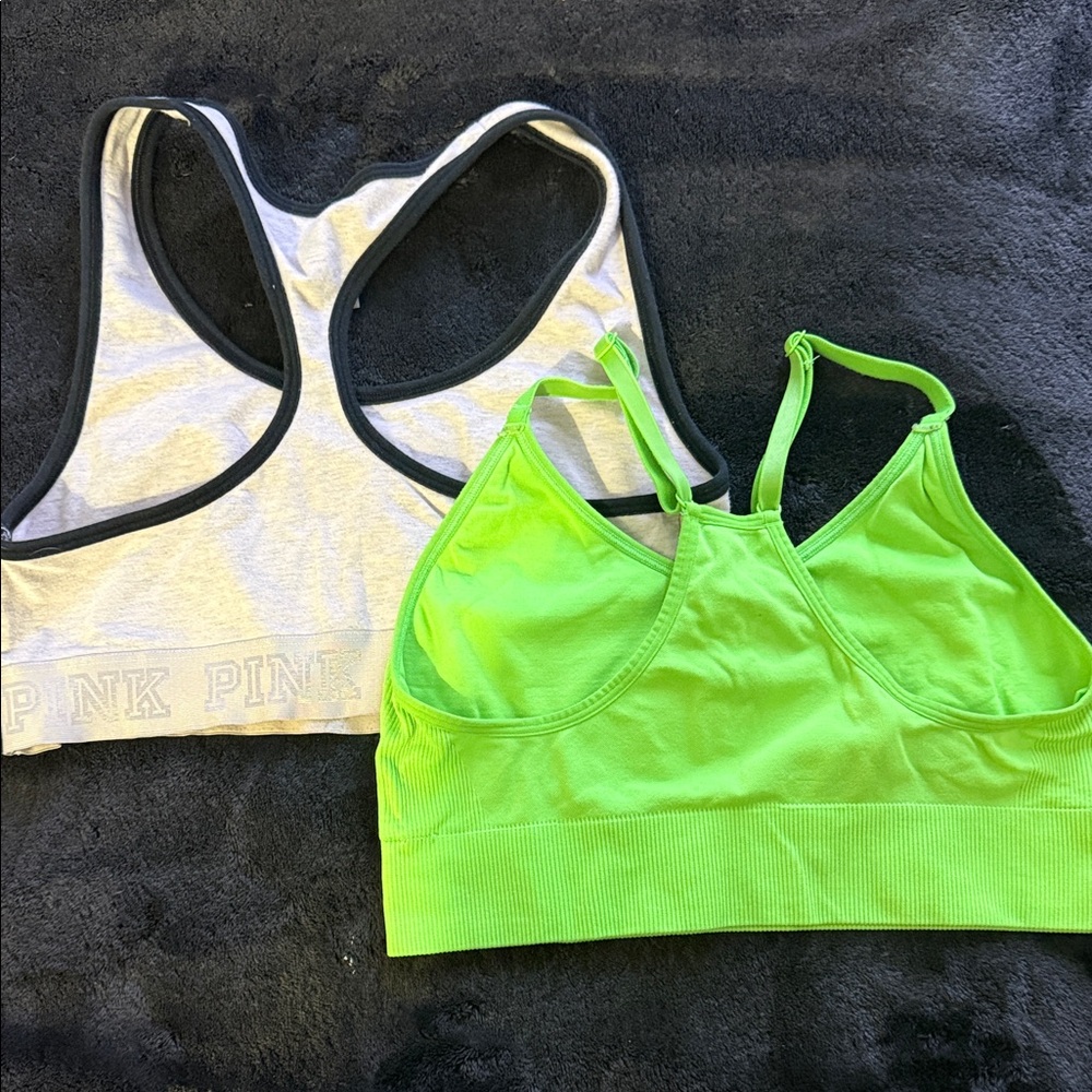 Bundle of 2 PINK Victoria's Secret Gray and Neon Green Sports Bras - Picture 2 of 3